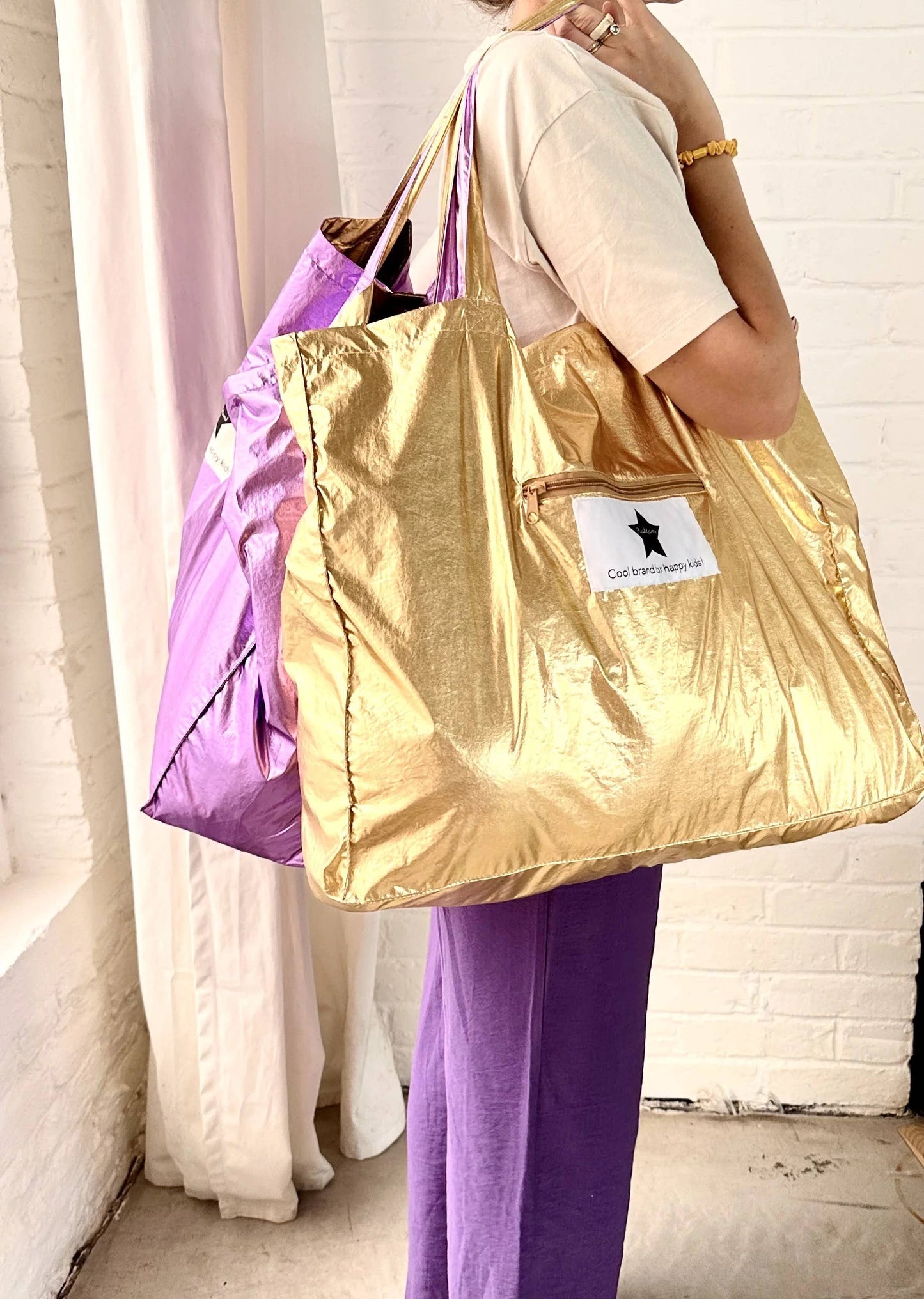Large Metallic Shiny Tote Bag - Purple & Gold