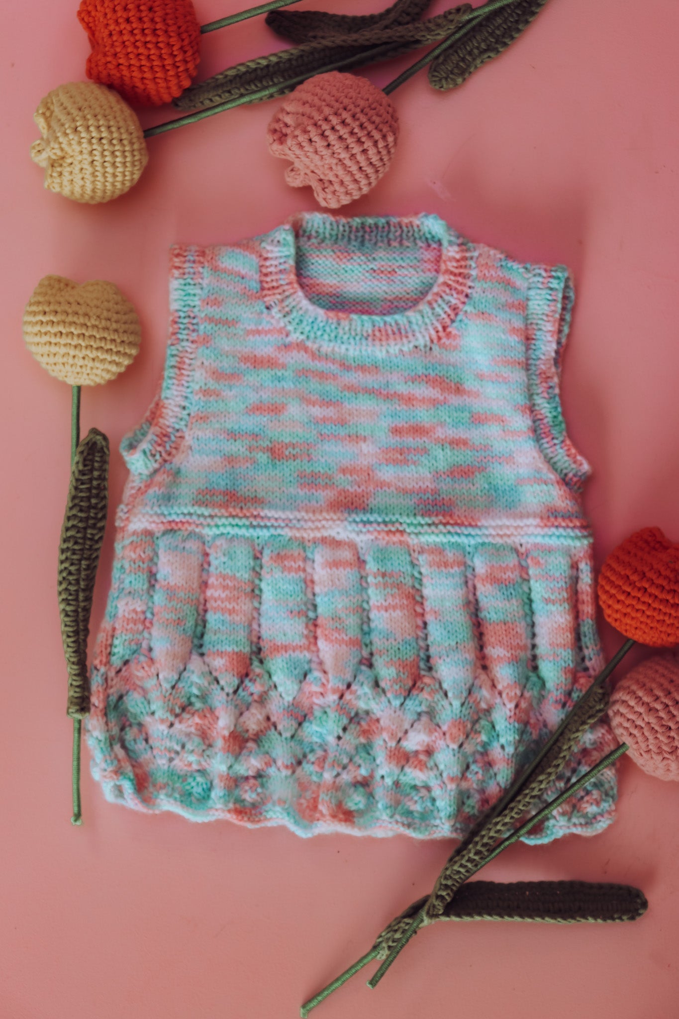 hand knitted Pink, blue and green vest