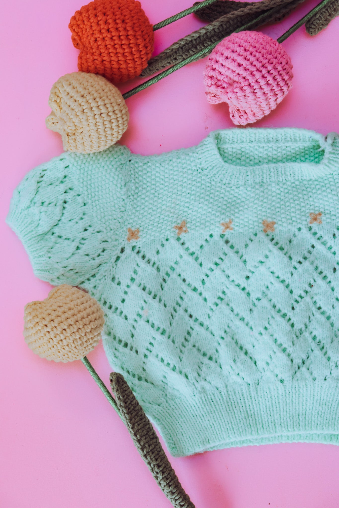 hand knitted Green jumper with yellow stitch