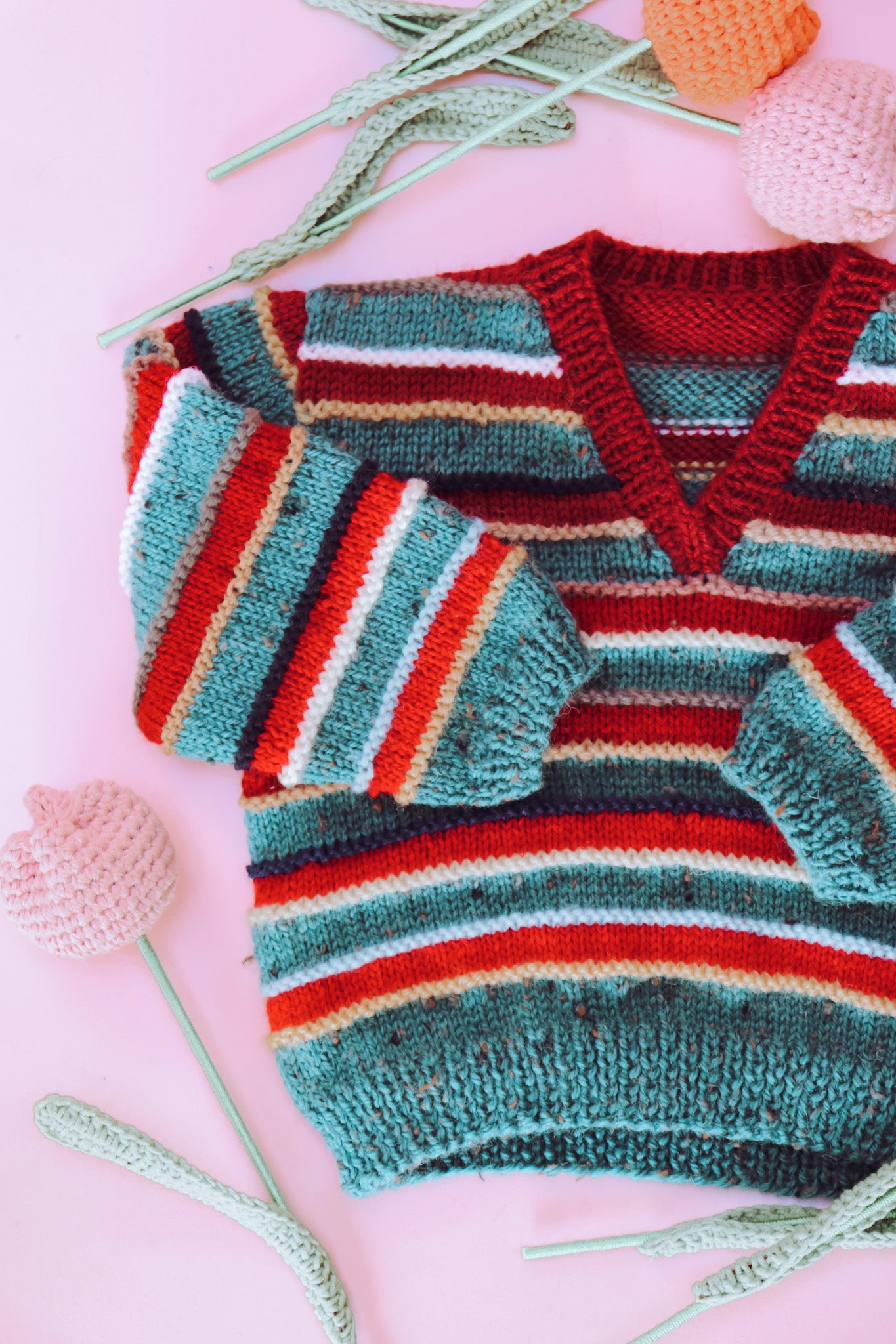 Hand Knitted red and green stripe