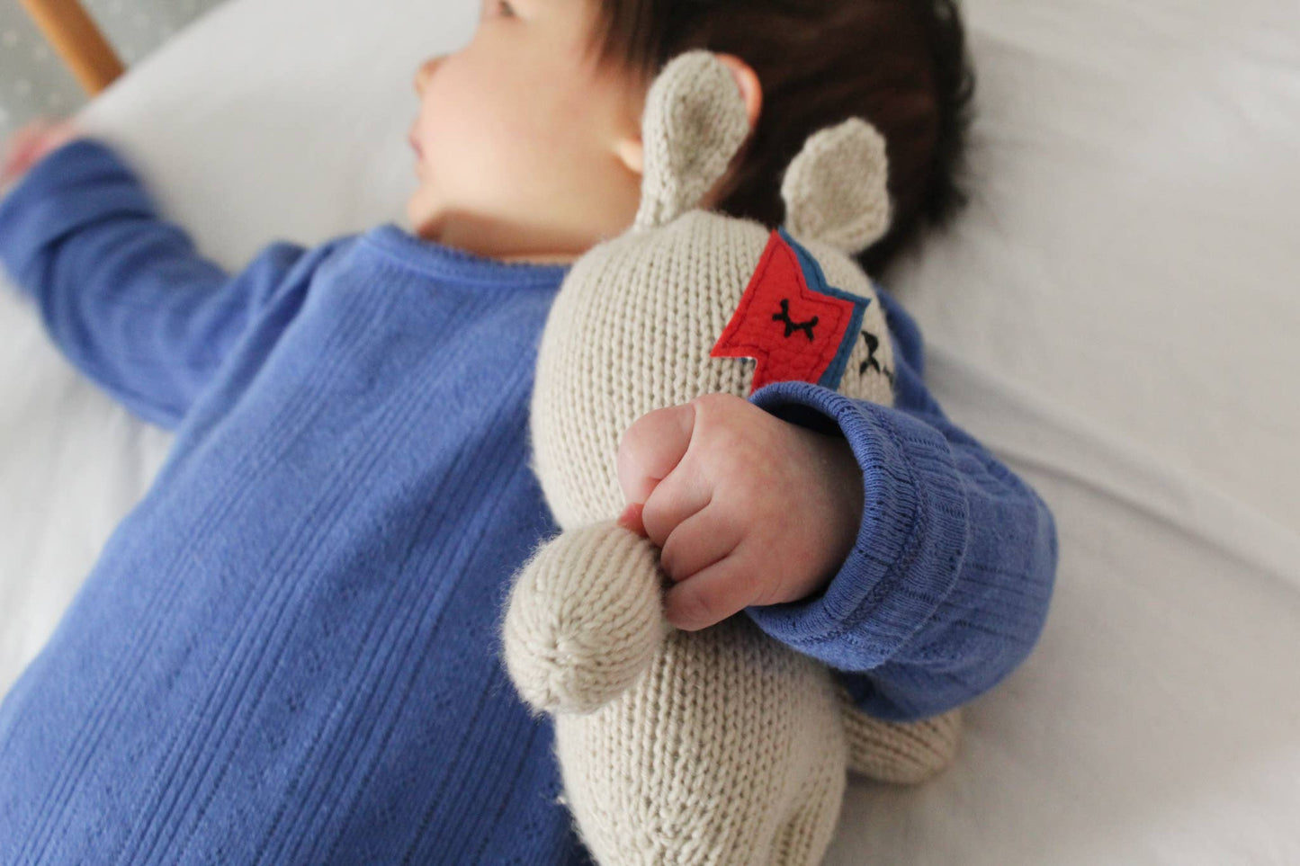 Handknitted Bowie bunny rattle