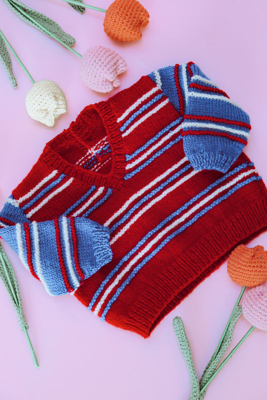 Hand knitted Red and Blue Stripe jumper