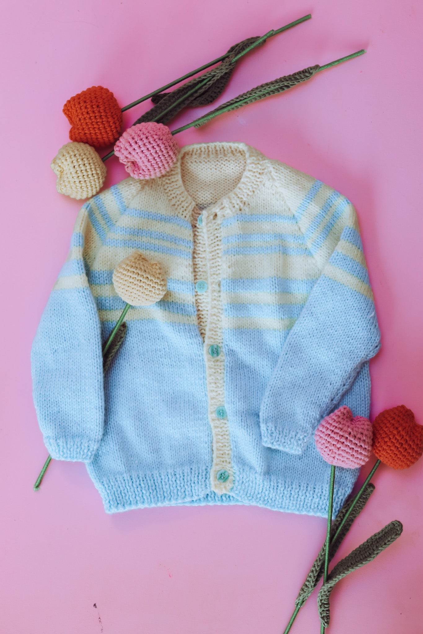 Hand Knitted Yellow and blue stripe Cardi