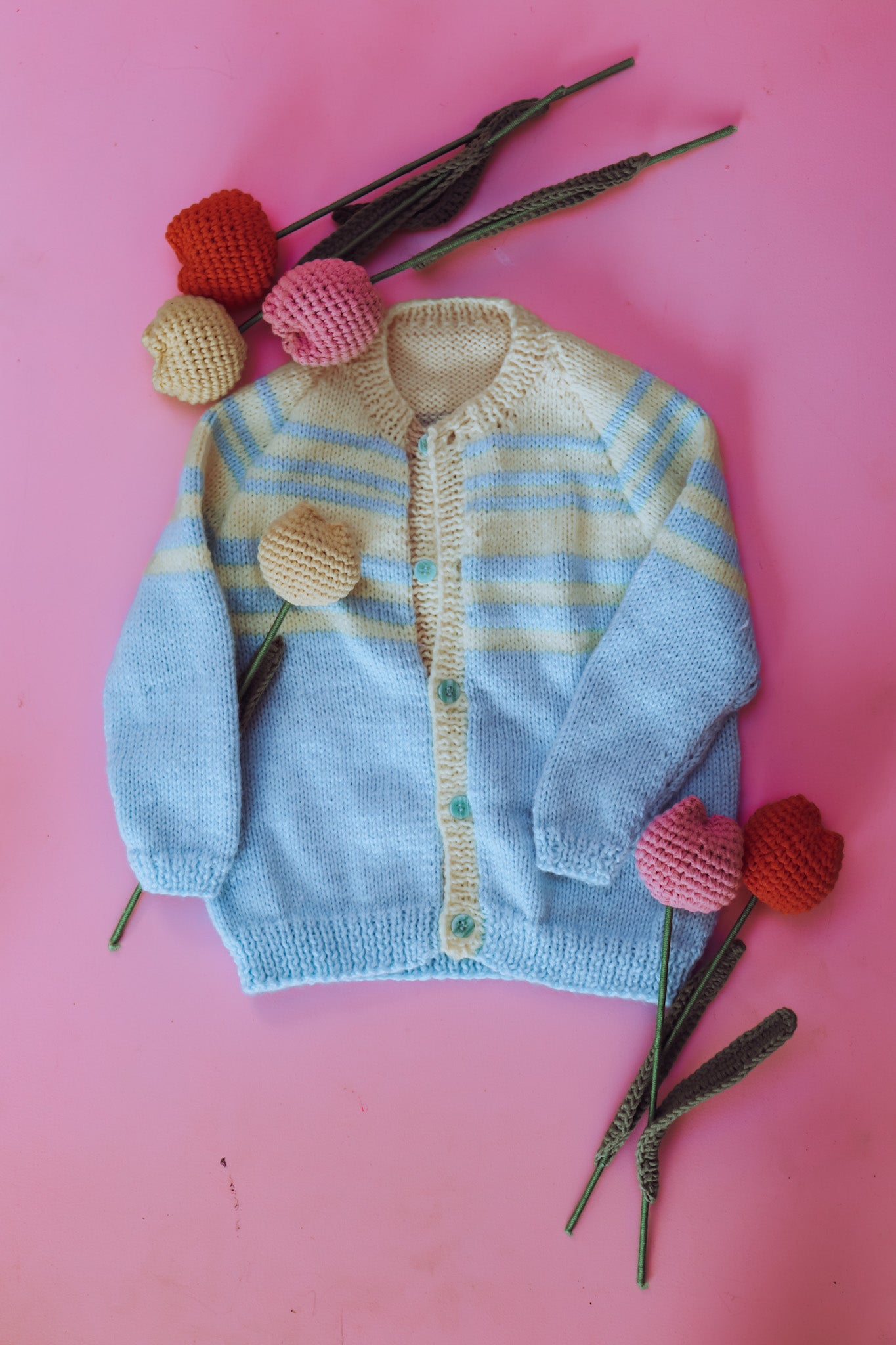 Hand Knitted Yellow and blue stripe Cardi