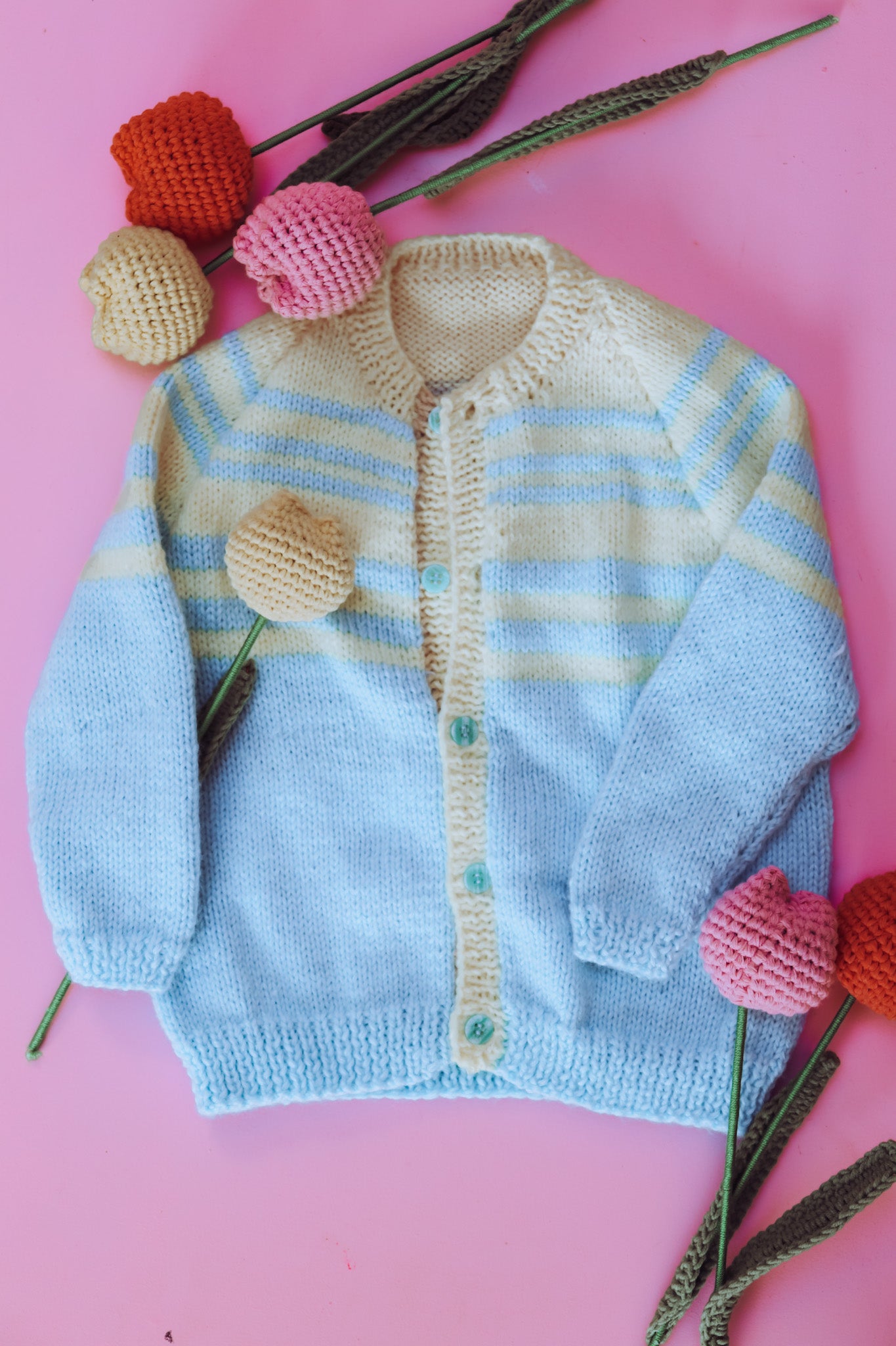 Hand Knitted Yellow and blue stripe Cardi