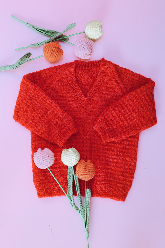 Hand Knitted red v jumper