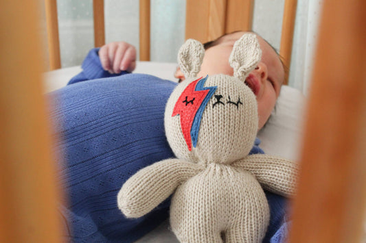 Handknitted Bowie bunny rattle